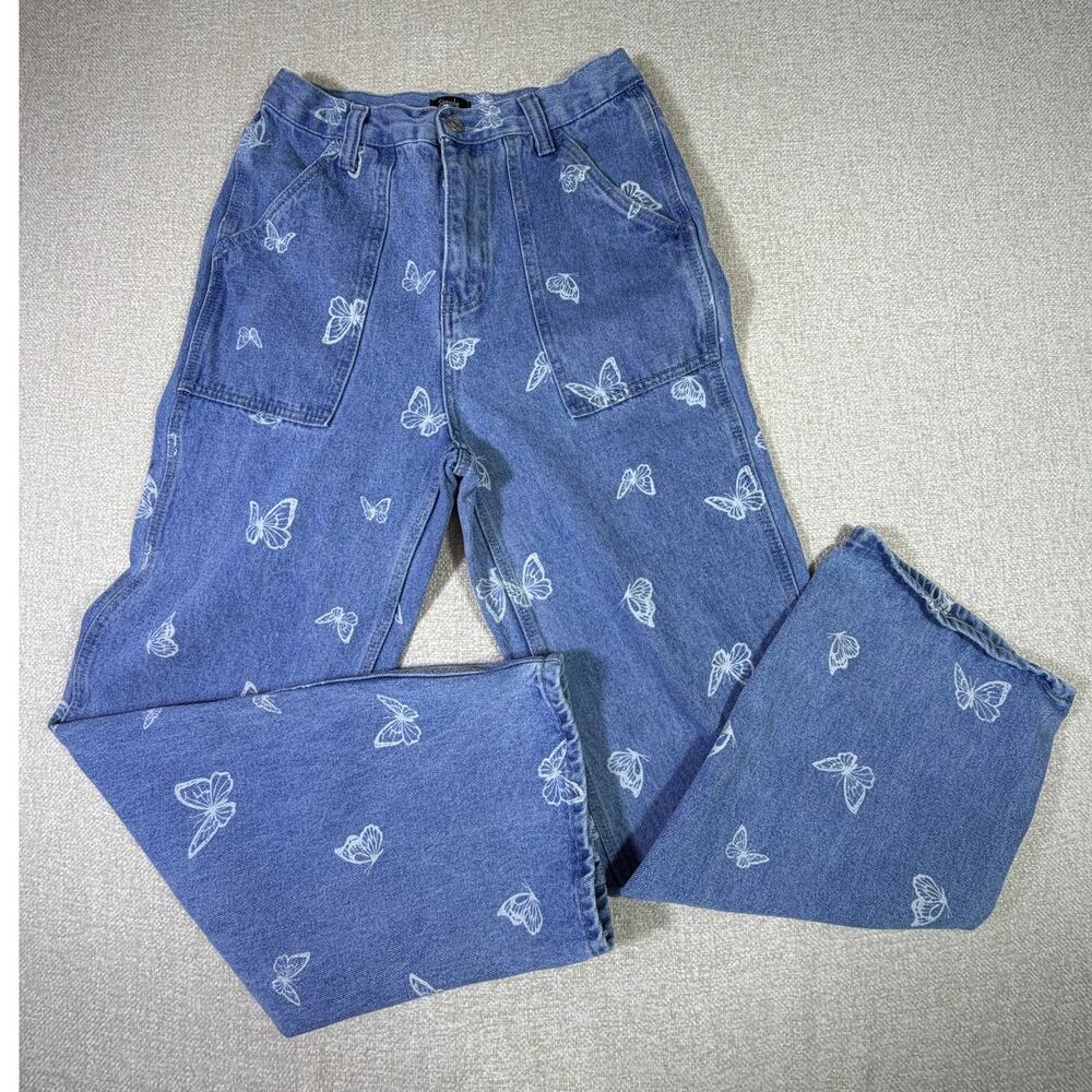 Simple Society Women Blue 7x28 Butterfly Wide Leg Denim Jean Fashion Trend